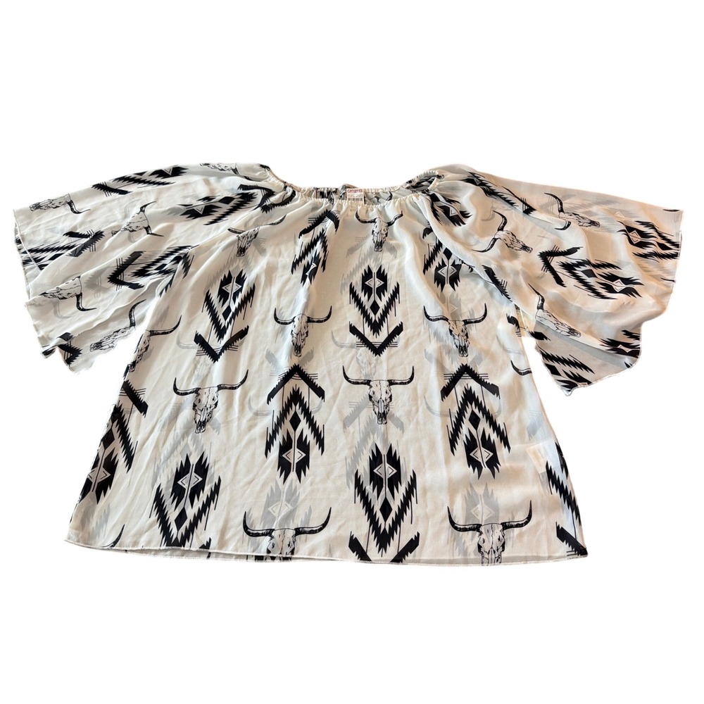 Cowgirl Hardware Aztec Skull Chiffon Angel Sleeve Top White XL